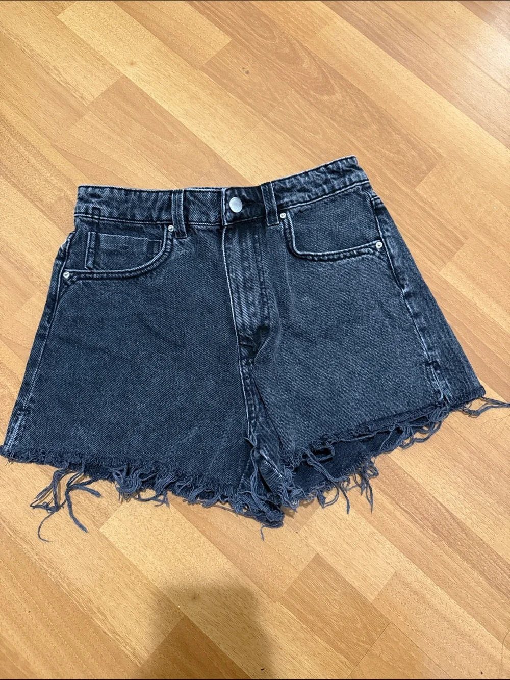 Zara Black Washed High-Rise Frayed Hem Denim Shorts